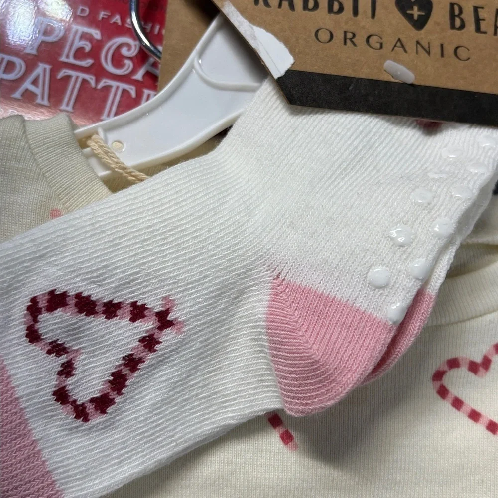 Rabbit + Bear 3 piece organic pj set and socks candy canes an hearts 4t